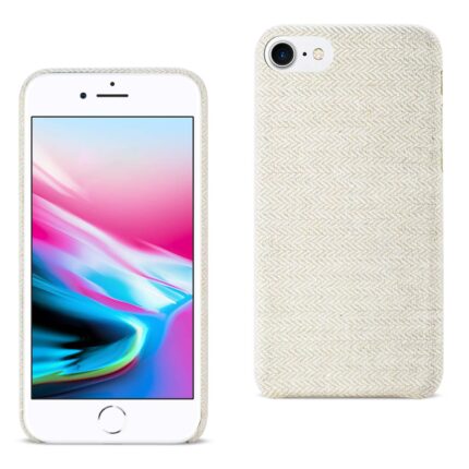 White iPhone with colorful screen and beige fabric case.