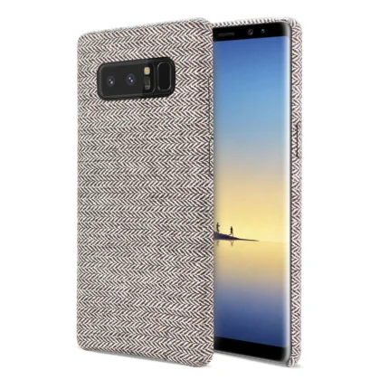 Smartphone with a textured gray fabric case.