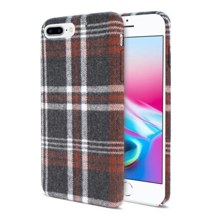 Smartphone with a brown plaid patterned protective case.