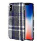Smartphone with a stylish blue and white plaid fabric case.