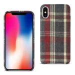 Smartphone with a plaid-patterned protective case.