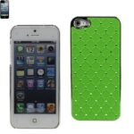 Front and back views of a smartphone with a green textured case.