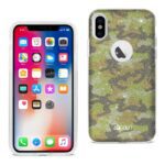 Smartphone with a camouflage-patterned protective case.
