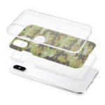 A clear phone case with a camouflage insert beside a white smartphone.