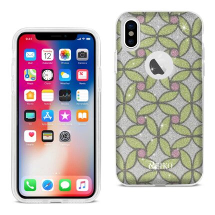 iPhone with a decorative patterned case featuring green and purple geometric design.
