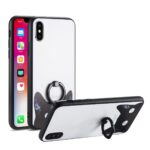 White iPhone case with black edges and a ring holder stand.
