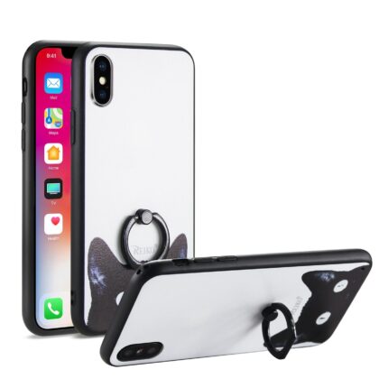 White iPhone case with black edges and a ring holder stand.