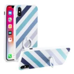 Smartphone cases with diagonal blue and white stripes and ring holders.