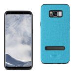 Front and back views of a smartphone with a blue textured case.