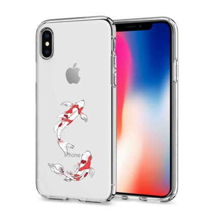 Clear phone case with a koi fish design for an iPhone.