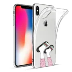 Clear phone case with cartoon AirPods and legs design beside iPhone.