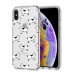 Clear phone case with playful white cow illustrations.