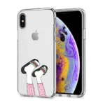 Clear phone case with AirPods design and pink sock pattern for iPhone.