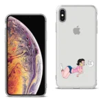 iPhone with a transparent case featuring a cute cartoon girl and cat.