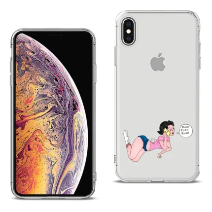 iPhone with a transparent case featuring a cute cartoon girl and cat.
