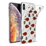 Transparent phone case with red rose pattern beside iPhone.