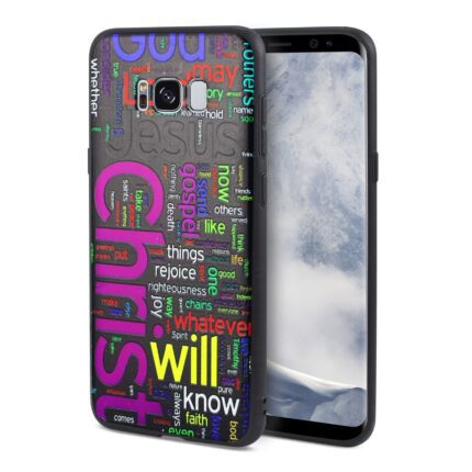 Smartphone with a colorful, word-filled protective case featuring 'Genius' prominently.