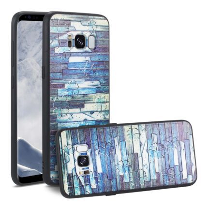 Phone case with a blue and purple brick wall design.