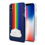 Phone case with rainbow stripes and smiling cloud design.
