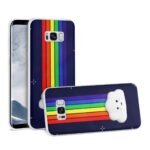 Phone cases with colorful rainbow stripes and a cloud design on a dark background.