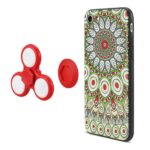 Colorful phone case with mandala design and red fidget spinner.