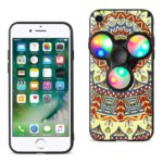 An iPhone with a colorful fidget spinner case featuring a mandala design.