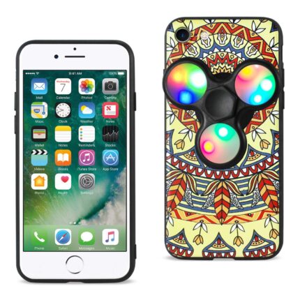 An iPhone with a colorful fidget spinner case featuring a mandala design.