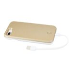 Gold-colored external battery case for a smartphone with a charging cable.