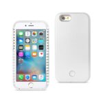 White iPhone case with built-in battery pack shown from front and back.