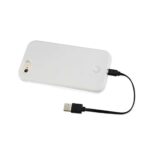 A white portable power bank with a USB cable attached.