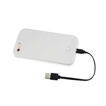 A white portable power bank with a USB cable attached.