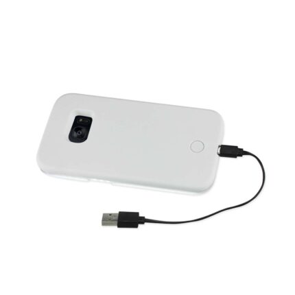 A white portable power bank with a connected charging cable.