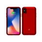 Red smartphone with front display and rear camera shown.