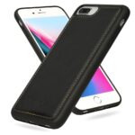 Black leather phone case protecting a smartphone.