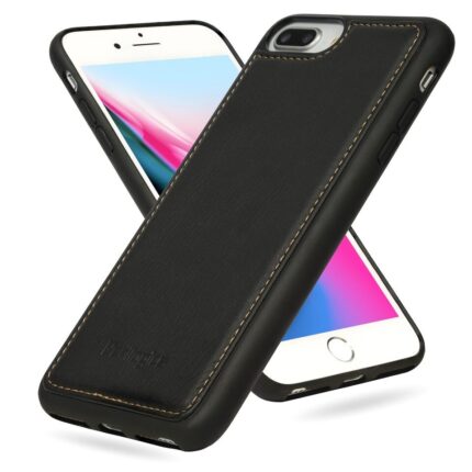 Black leather phone case protecting a smartphone.