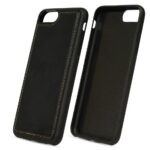 Two black leather phone cases with stitching detail.