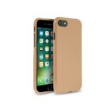 Smartphone with a tan protective case beside it.