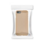 Beige phone case in clear resealable plastic pouch.