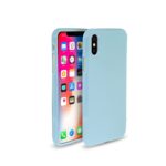 Smartphone with a light blue protective case beside it.