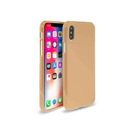 Smartphone with a beige protective case, shown from front and back.