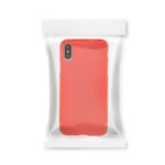 Red smartphone case in clear packaging.