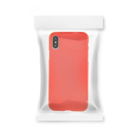 Red smartphone case in clear packaging.