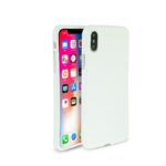 Smartphone with a white protective case beside it.
