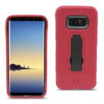 Smartphone with a red protective case and kickstand.
