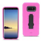 Pink protective phone case with kickstand for a smartphone.