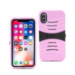 Pink and black protective phone case with ergonomic design for iPhone.