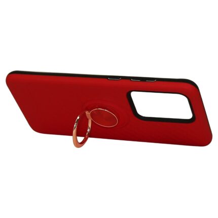 Red phone case with a built-in ring holder and camera cutout.
