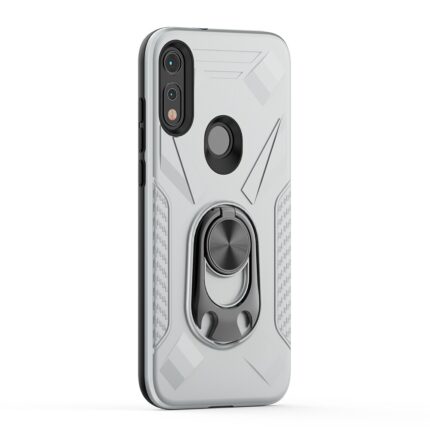 Transparent phone case with a built-in ring holder and rugged design.