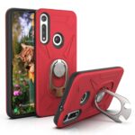 Red phone case with a built-in metal ring stand and textured back design.