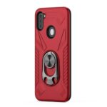 Red smartphone case with built-in ring holder and textured design.